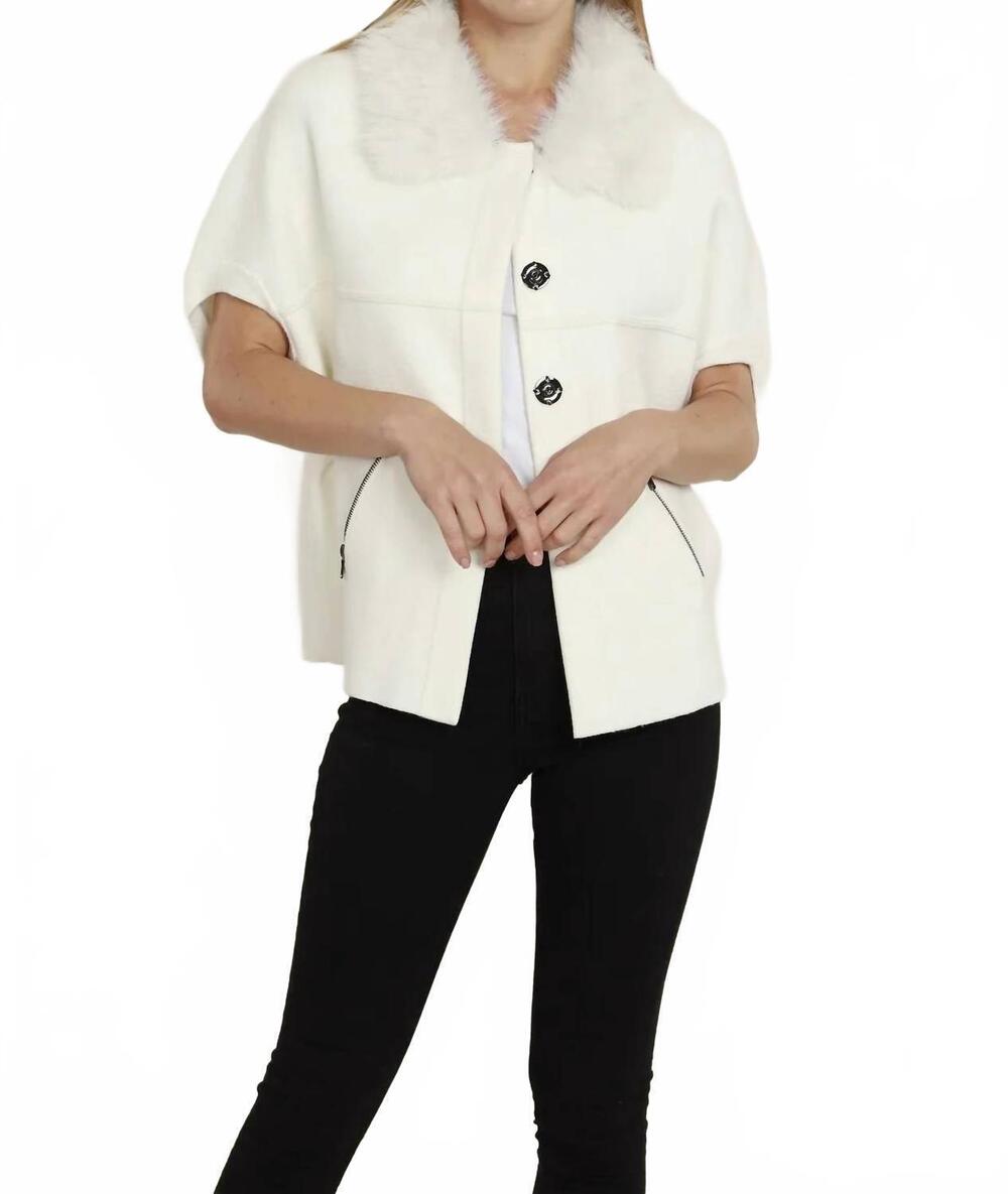 NEW DOLCE CABO women's faux fur collar short sleeve cardigan in ivory